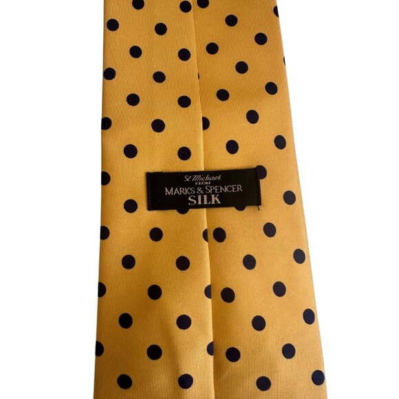 MARKS & SPENCER St Michaels Silk Yellow Navy Polka Dot Tie - Picture 6 of 7